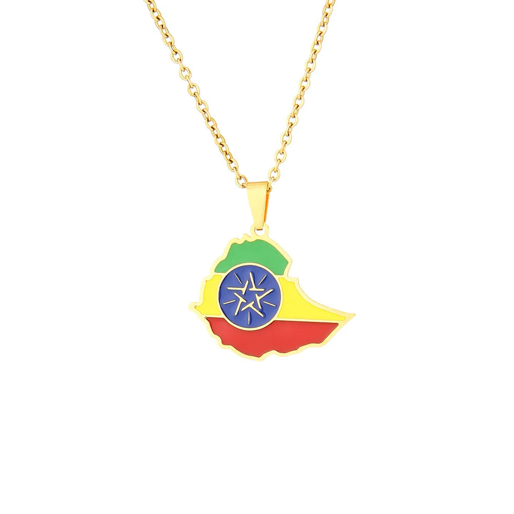 Ethiopia Map Shaped Pendant Stainless Steel Necklace Handmade Patriotic National Flag Necklace for Party Gift School Awards