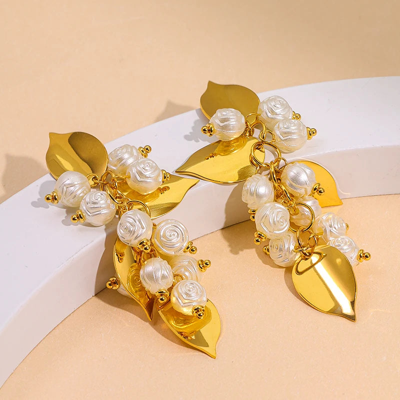 POWELL 18k PVD Gold Plated Stainless Steel Leaf Earrings Waterproof Non-tarnish White Rose Pearl Drop Earring Wholesale