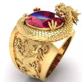 Fashion Red Gemstone Dome Rings Chunky Ring Domineering Gold Plated 3D Double Dragon Play Bead Rings for Men Fathers Day Gift