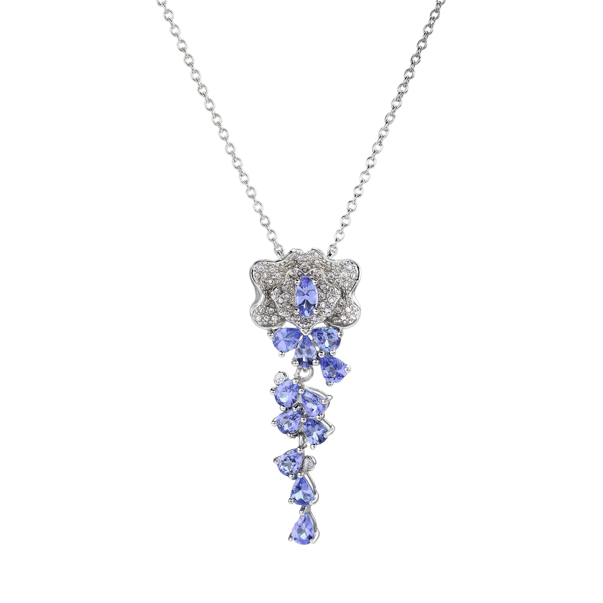 Graceful Rhodium Plated 925 Silver Jewelry Natural Tanzanite Flower Necklace for Women Birthday Gift