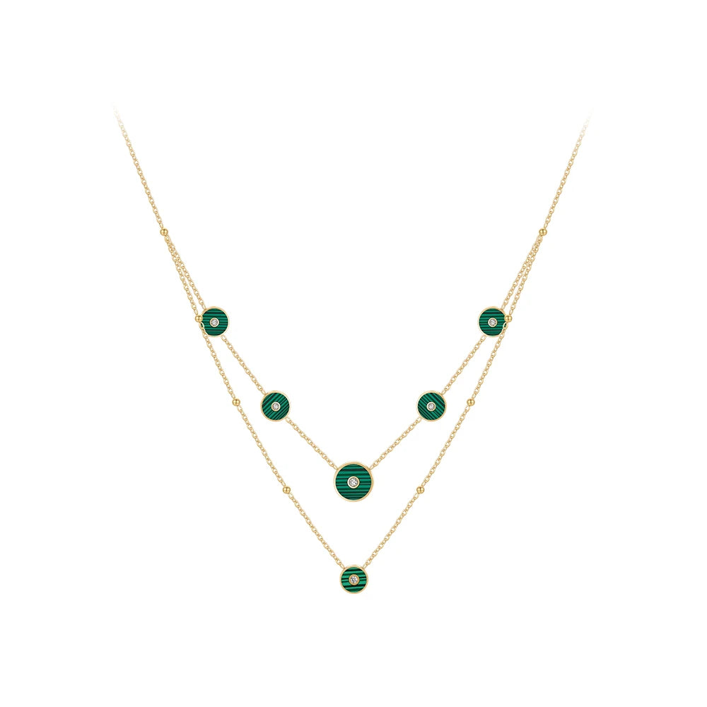 Original Design 18K Gold Plated Brass Jewelry Set Green Round Zircon Charms Double Chain Pendant for Woman Necklace P233420