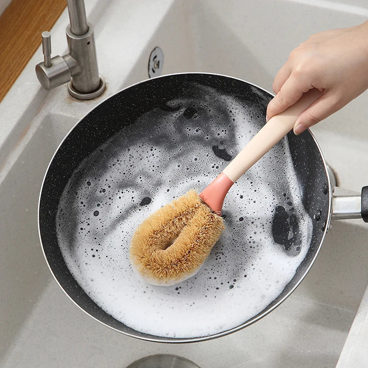 Kitchen Cleaning Tool Dish Washing Brush Gas Stove Pot to Remove Oily Coconut Palm Brush Long Handle Brown Hair Pot Brush