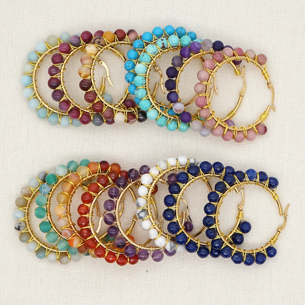 Go2boho Multicolour Golden Circle Beaded Bohemian Stainless Steel Boho Hoop Natural Stone Fashion Jewelry Earrings for Women