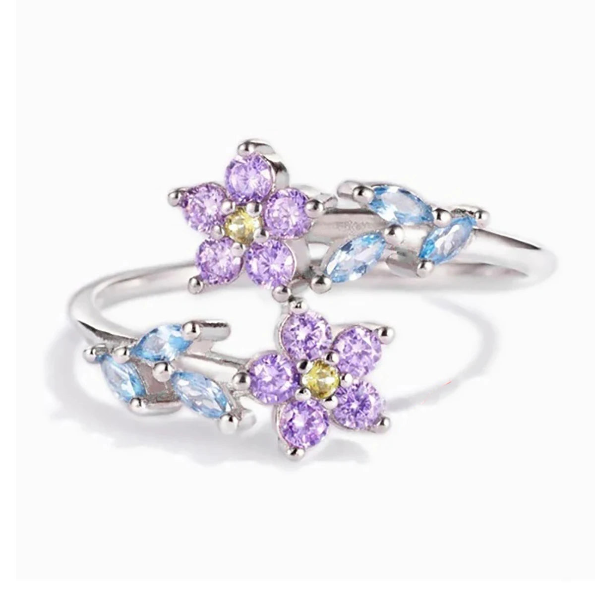 Huitan S925 Hot Sale Factory Creative Flower and Leaf Design 3A Zircon Opening Finger Rings for 925 Sterling Silver Ring Women