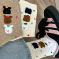 Women's Trendy Cotton Crew Length Bear Socks Polka Dot Design Knitted Logo Cute Cartoon Student Stockings for Spring Autumn