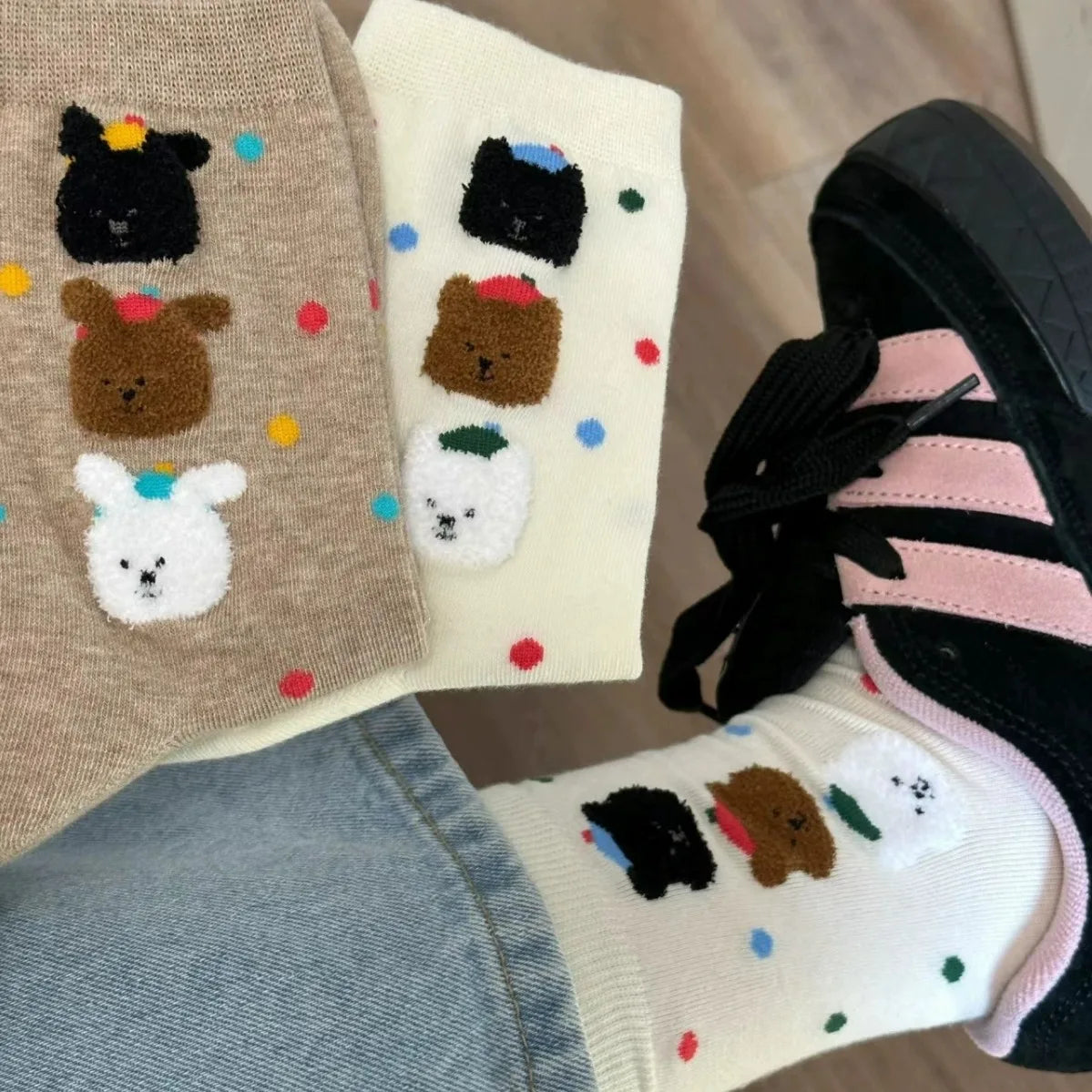 Women's Trendy Cotton Crew Length Bear Socks Polka Dot Design Knitted Logo Cute Cartoon Student Stockings for Spring Autumn