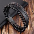 lava Stone Volcanic Stone Leather Bracelet Stainless Steel Leather Woven Bracelet Multi-layer Men's Titanium Steel Jewelry
