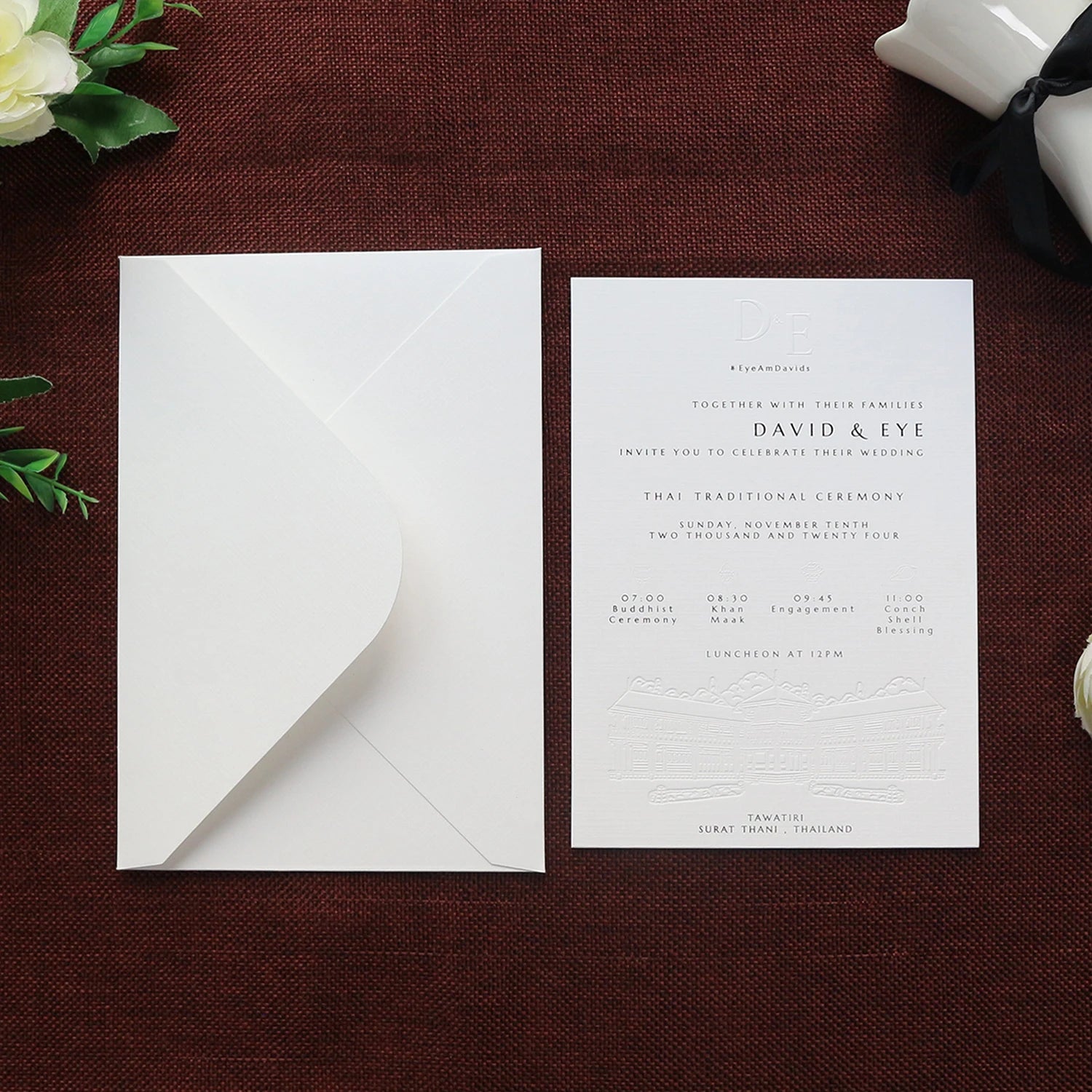 Custom Emboss Texture Paper Wedding Invitation Card With White Envelope and Blind Foil Letter Press Pattern for Wedding Event