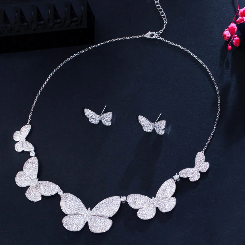 Full Micro Paved White Cubic Zircon Large Butterfly Stud Earrings and Necklace CZ Luxury Wedding Jewelry Sets for Women Brides