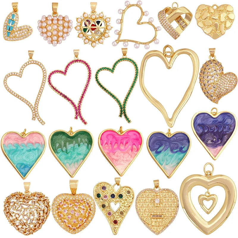 Fashion Colorful Zircon Focal Love Heart Charm PendantReal 18K Gold Plated Necklace Bracelet DIY Handmade Jewelry Supplies S26