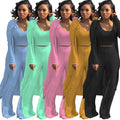 Wholesale Autumn Hot Sale Solid Color Women Crop Top Long Sleeve Coat Flare Pants Three-pieces Women Casual Set