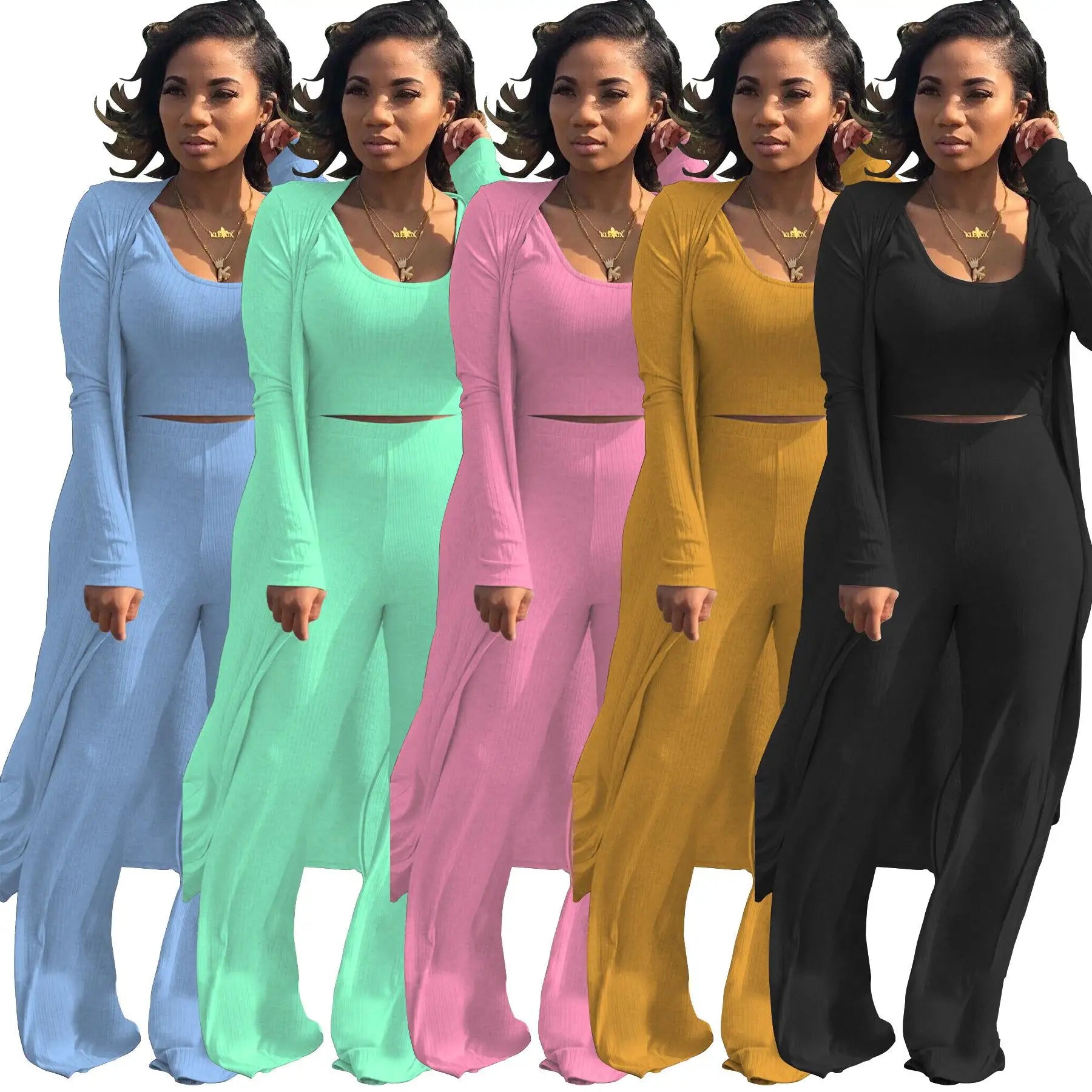 Wholesale Autumn Hot Sale Solid Color Women Crop Top Long Sleeve Coat Flare Pants Three-pieces Women Casual Set