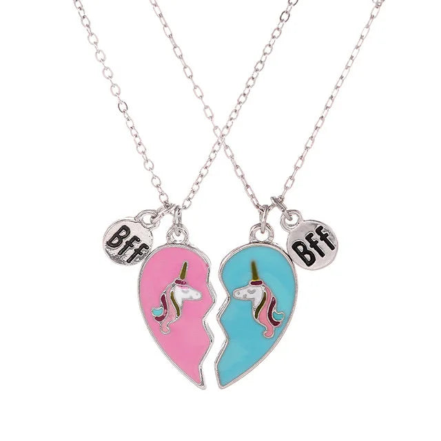 2 Pcs/Set Cute Best Friend BFF Couple Necklace Unicorn Heart Pendant Necklaces for Women Girls Jewelry Gifts for Kids