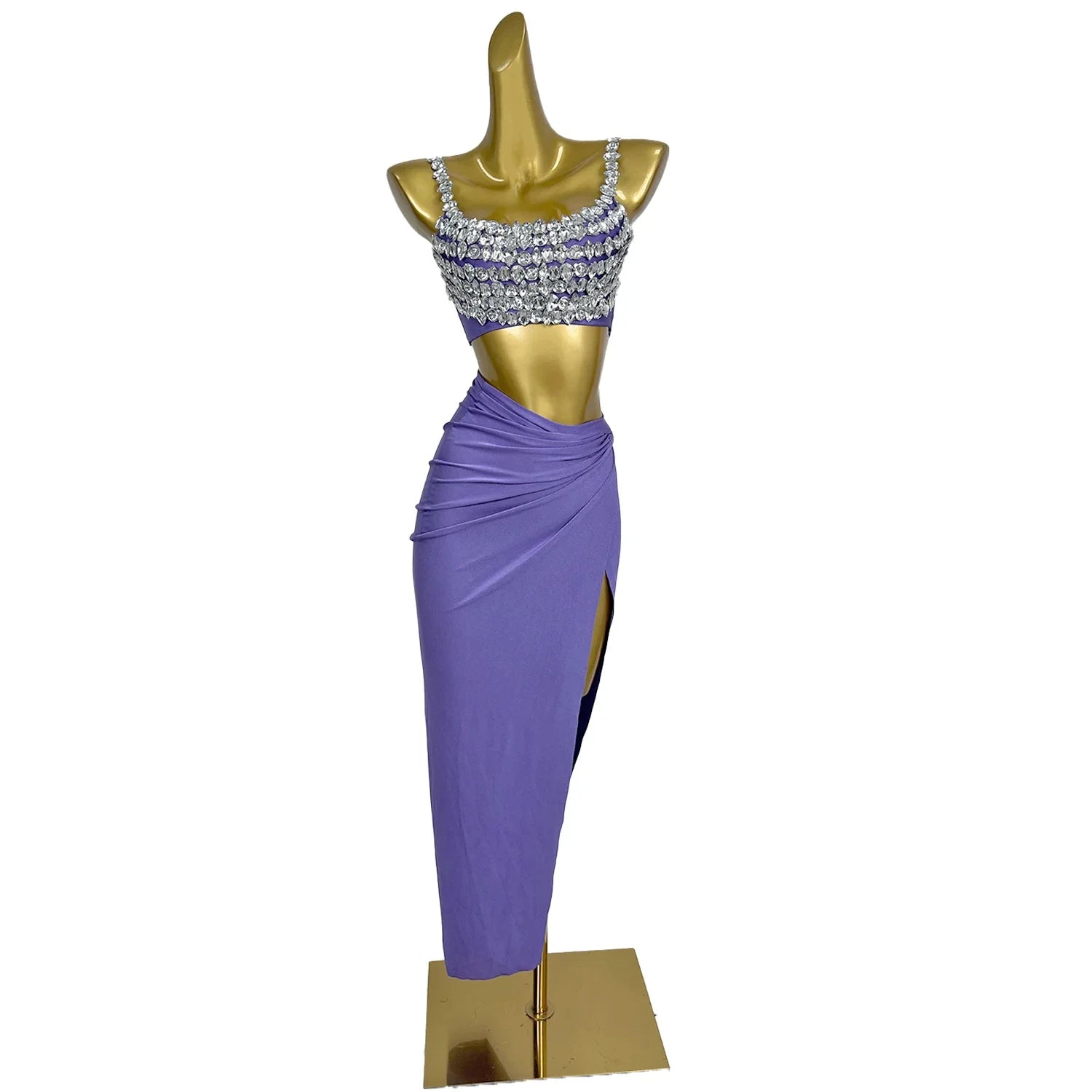 Sexy Crystal Vest Top Long Skirts 2 Piece Sets Women DJ Show Stage Performance Costume Night Club Singer Dancer Party Outfit