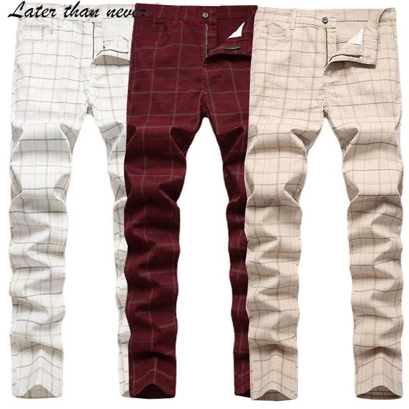Mens Chino Pants Stretchy Business Casual Checked Pants for Men Slim Fit Pencil Leg Male Leisure Trousers