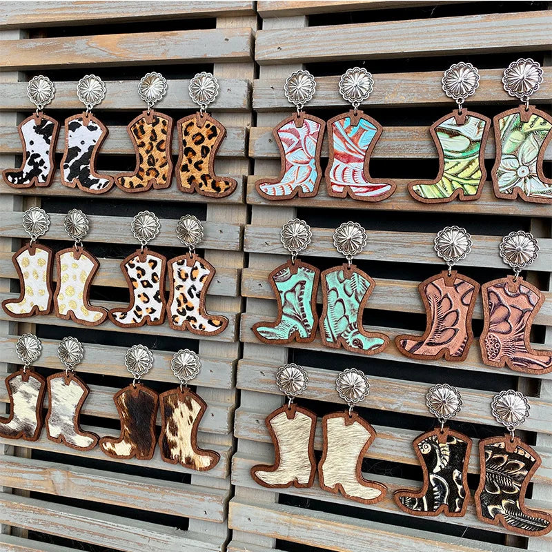 Western Cowboy Boots Pendant Earrings Leather Wooden Cowboy Boots Drop Earrings for Women Wholesale