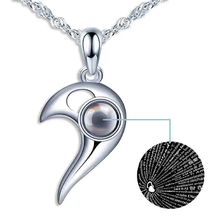 Half Heart I Love You Necklace 100 Languages Sterling Silver Projection Necklace for Woman