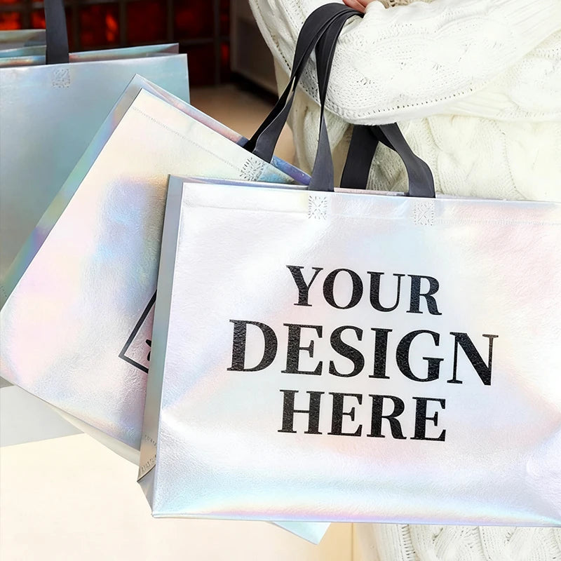 Wholesale Waterproof Hologram Laminated Non-Woven Reusable Shopping Bag With Printed Logo Glossy Reusable Bags