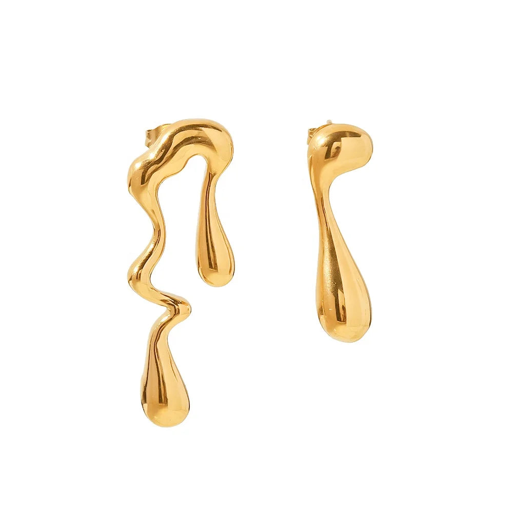 18k Gold Plated Stainless Steel Irregular WaterDrop Asymmetric Melting Ice Design Stud Earring