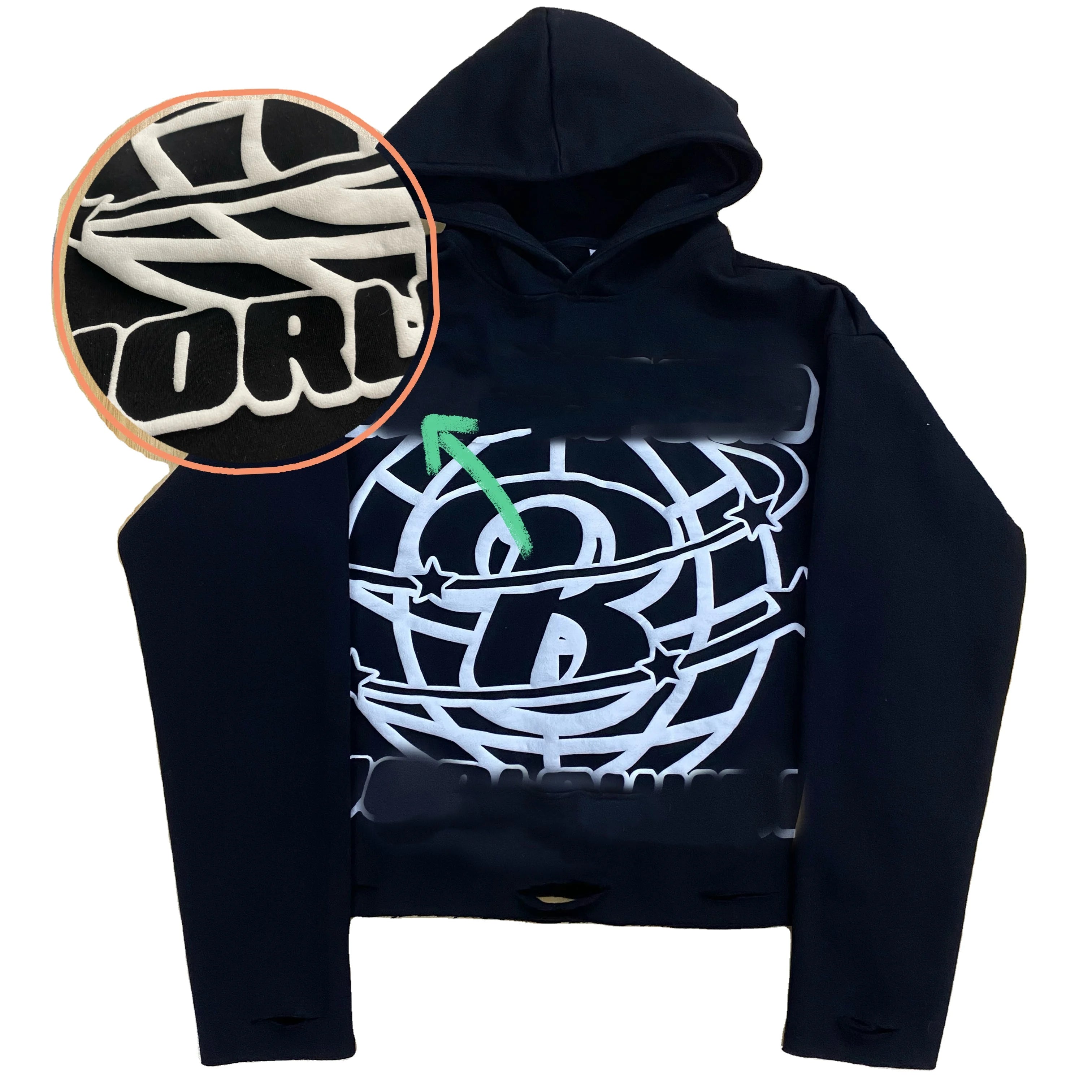 Custom Logo Heavyweight 450 GSM No String Oversized 100% Cotton Graphic 3D Puff Printing Cropped Y2k Hoodie