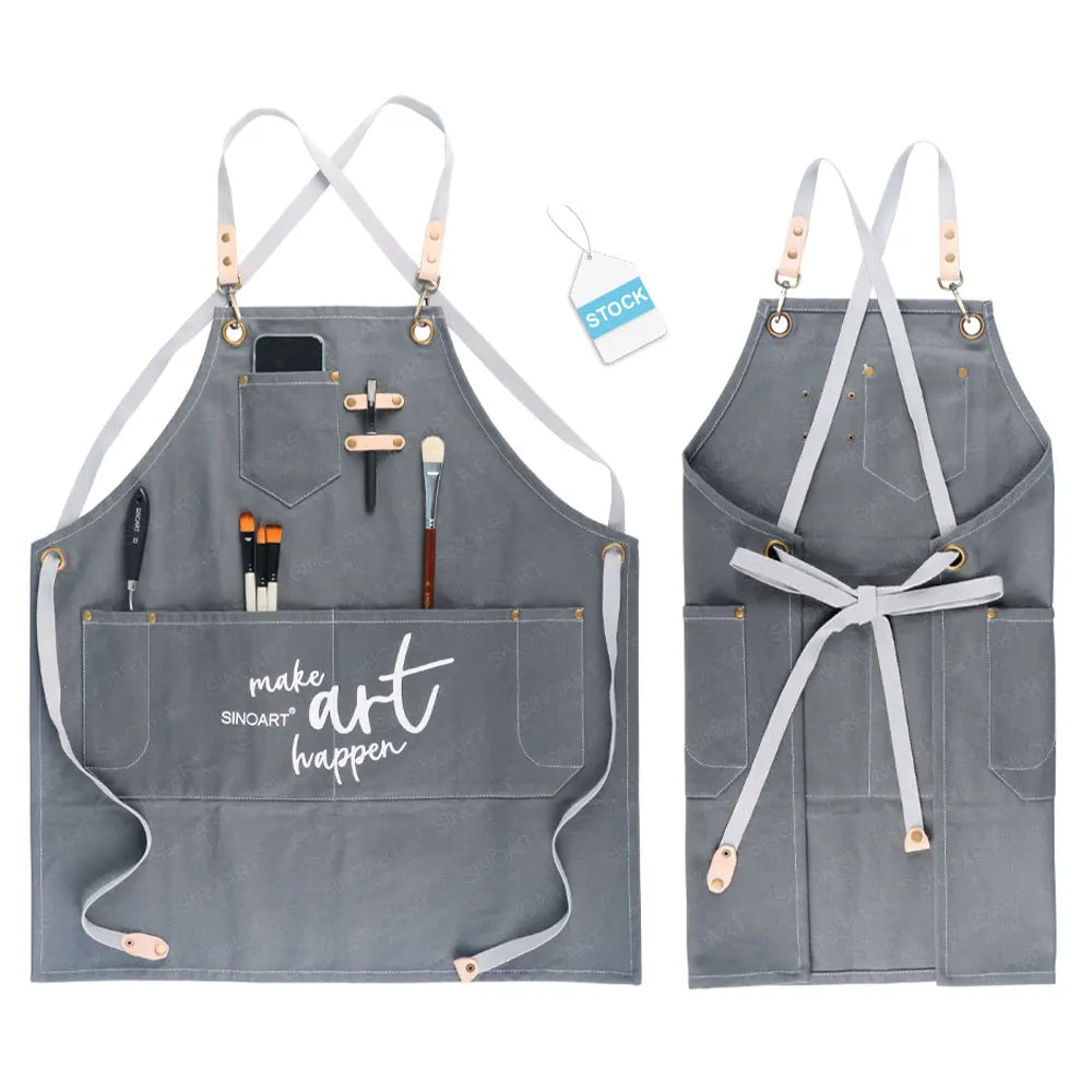 SINOART in Stock Pure Cotton Painting Aprons for Adults 24.4inWx28.3inL Grey Cobbler Aprons With Pockets for Artist Apron