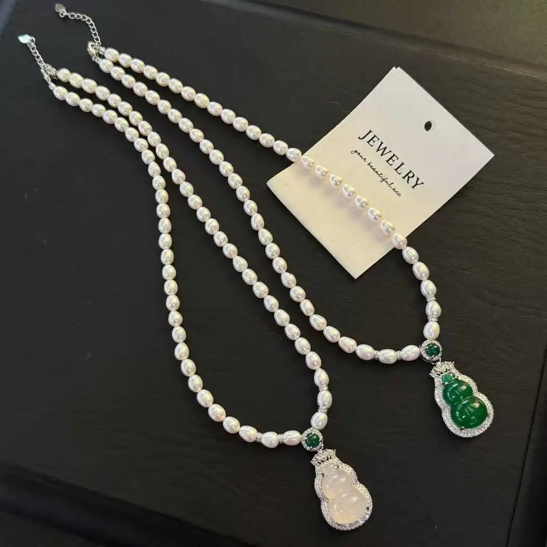46+5CM Jade Marrow Gourd Fortune Necklace with 5-6mm Natural White Freshwater Rice Shaped Pearl Necklace Pendant Necklace