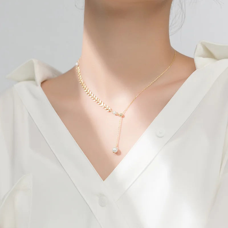Minimalist Jewelry Gold Wheat Collar Bone Chain Pearl Pendant INS Style Asymmetrical Leaves Shape Necklace