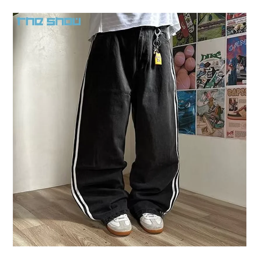 OEM/ODM Fashion Vintage Jeans Custom Logo Faded Washed Baggy Pants Men Heavyweight Side Striped Men Boot Cut Jeans