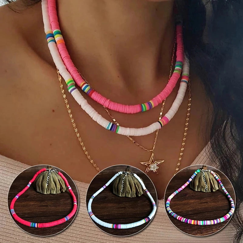 SC Colorful Polymer Clay Necklace Rainbow Color Multi Layers Choker Necklace Minimalist Preppy Jewelry Necklace for Women