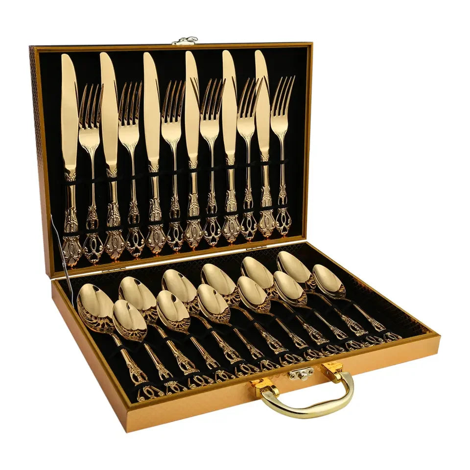 Silverware Rose Black Luxury Reusable Stainless Steel Wholesale 24 Pieces Flatware Cubiertos Cutlery Set with Business Gift Box