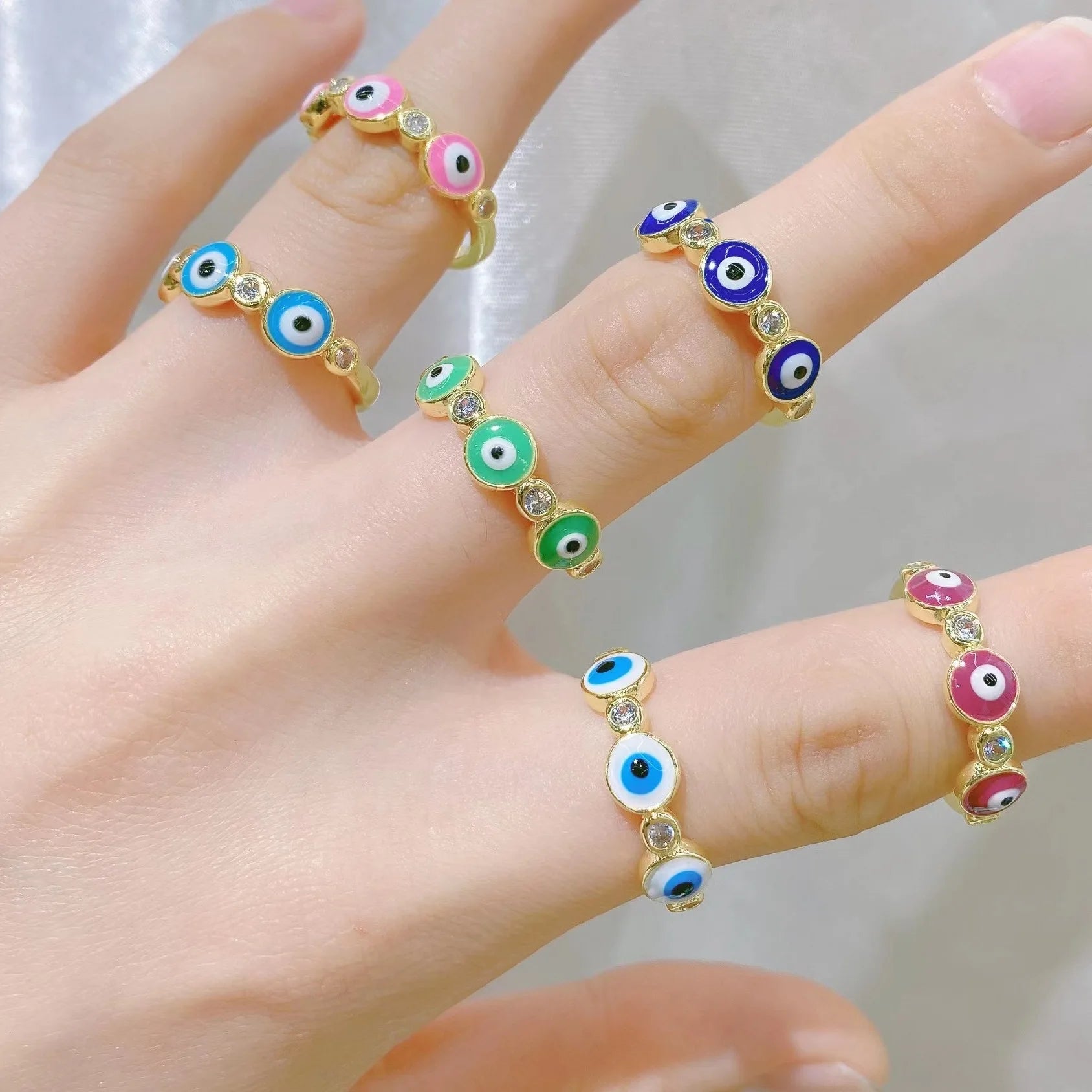 Punk Style Zircon Blue Eyes Ring Thin Edges Opening Adjustment Colorful Dripping Oil Evil Eyes Ring