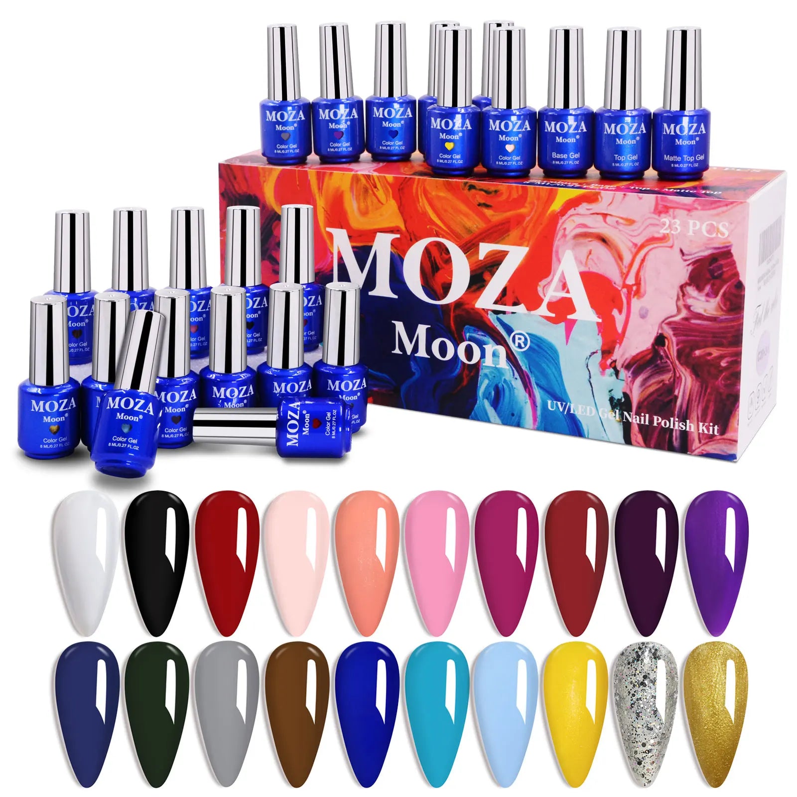 20 Colors Nail Gel  Collection  with Base Coat and Top Coat Semi Permanent Soak Off UV LED Gel Polish Color Set 8ml