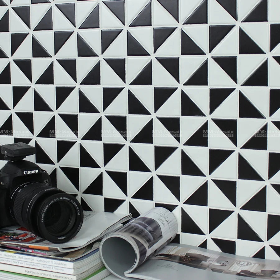 1" Triangle Windmill Pattern Black White Interior Designer Mosaic Tiles for Kitchen Backsplash Bathroom Floor Wall Decor