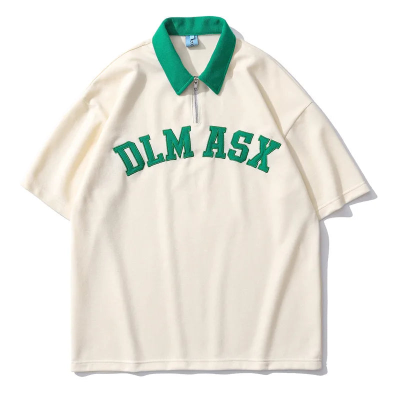 Unisex High School Fashion Oversized Cotton Zip Polo Shirt with Custom Embroidery Logo Short Length Solid Print Jersey Fabric