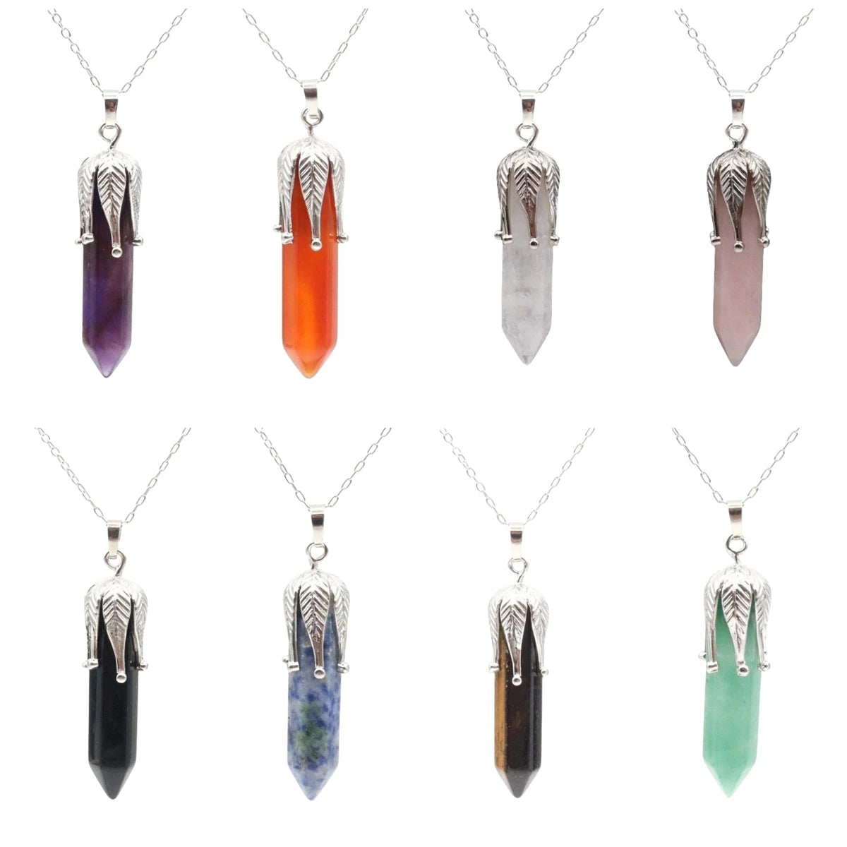 Natural Gemstone Chakra Spitutal Crystal Pendants Wrapped Healing Stones Hexagonal Column Pendant Point Bullet Necklace Jewelry