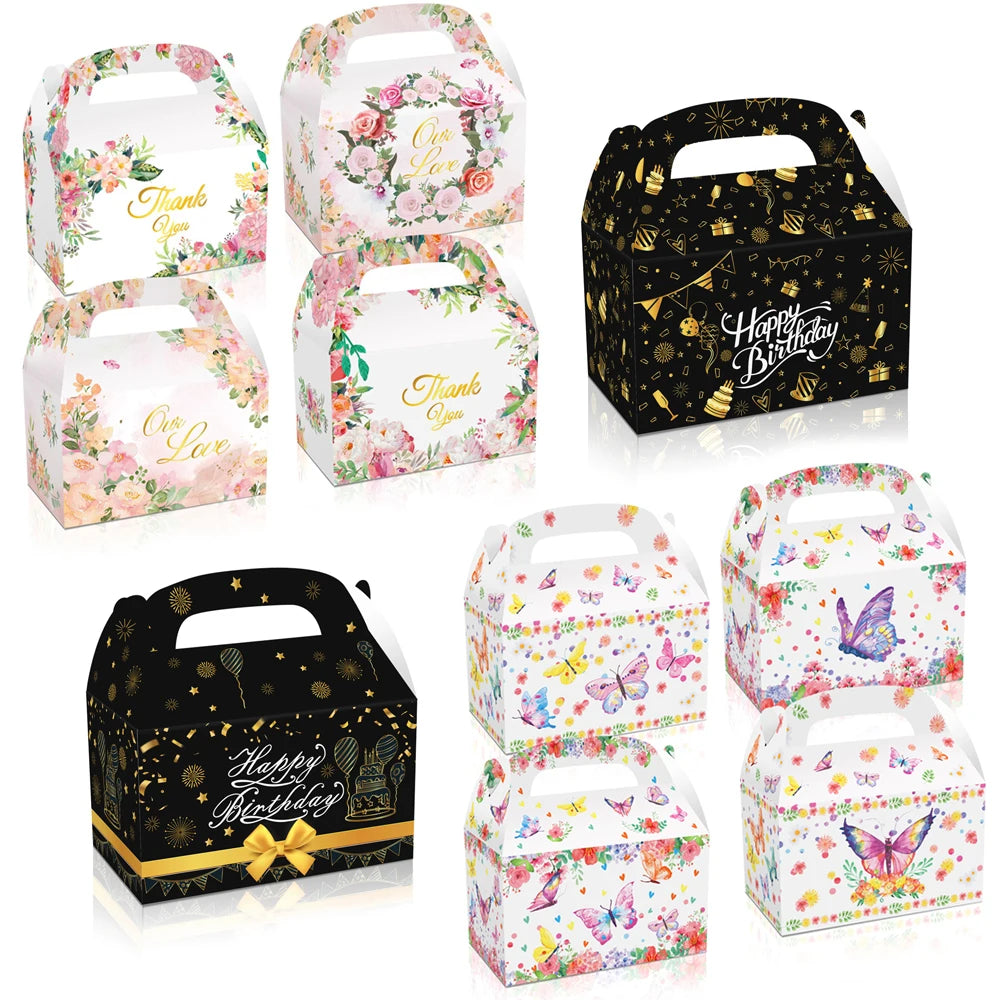 12 Pcs/Pack Thank You Butterfly Paper Handle Box Happy Birthday Candy Gift Favor Boxes for Cookie Sweet Packaging Decor
