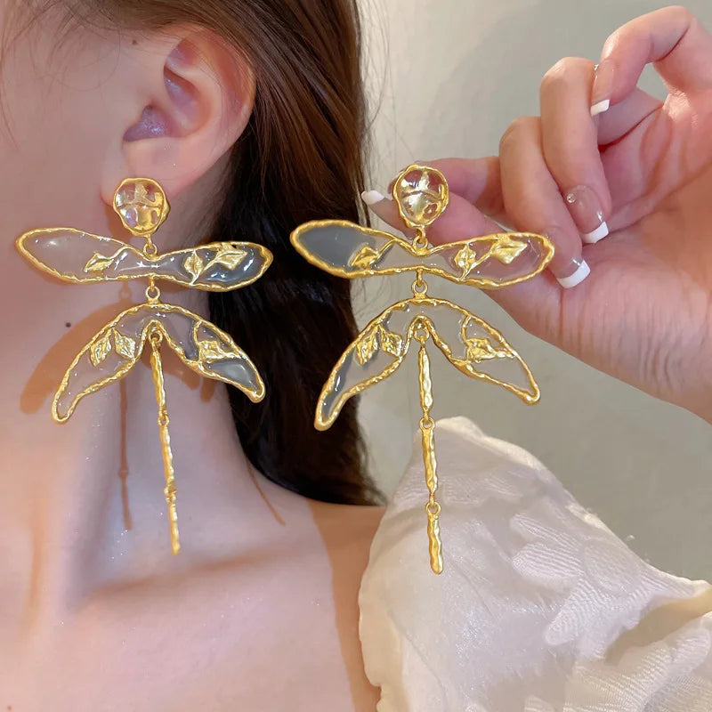 Vintage Leaf Animal Earring Irregular Resin Stud Earrings Dragonfly Long Earrings for Women