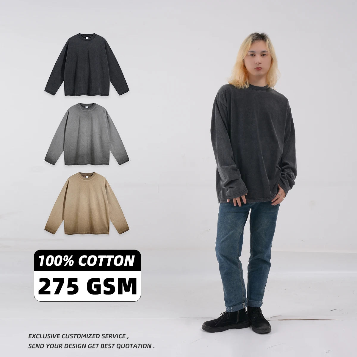 Wholesale Streetwear Heavyweight Wash 100% Cotton T Shirt Long Sleeve Mens Oversized Blank Crewneck T-shirt