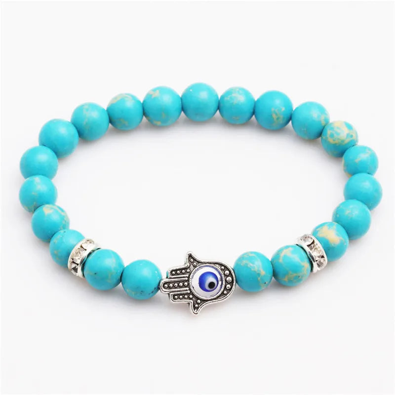 8mm Healing Crystal Round Gems Fatima Hand and Devil's Eye Beaded Bracelet Durable Stretch Elastic Cord Gem Stone Bracelets