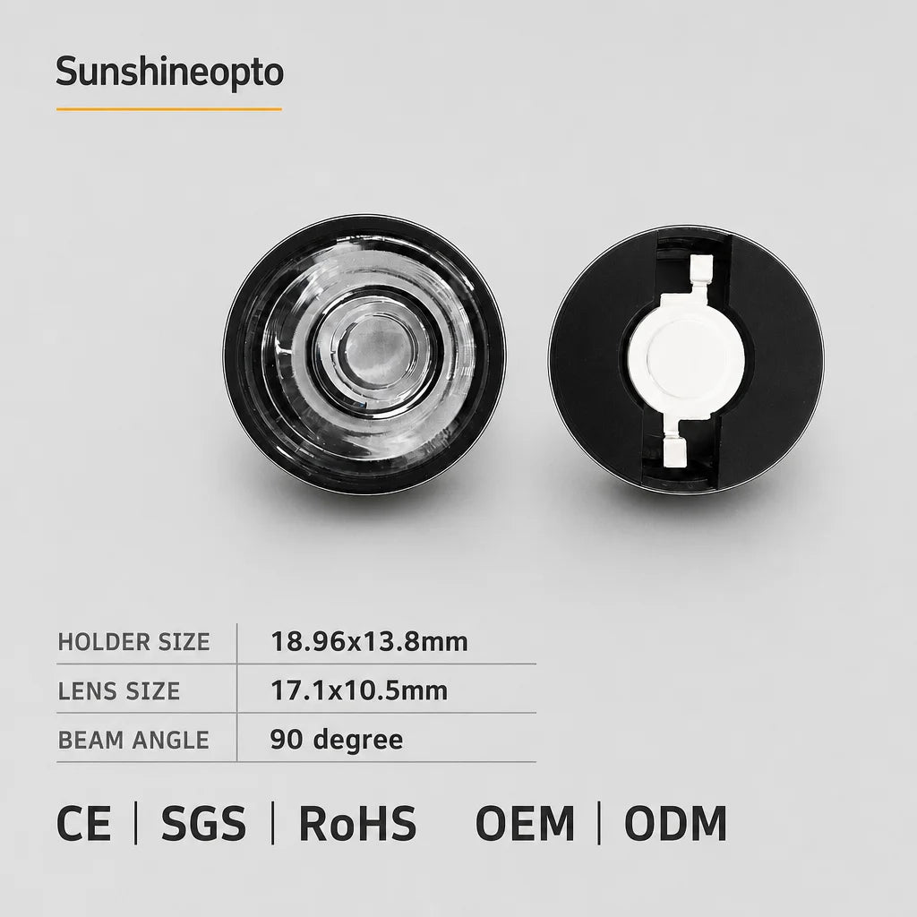 OEM ODM Round LED Optical Lens 90 Degree Beam with Precision Holder Custom for Spotlight Downlight and Commercial Lighting