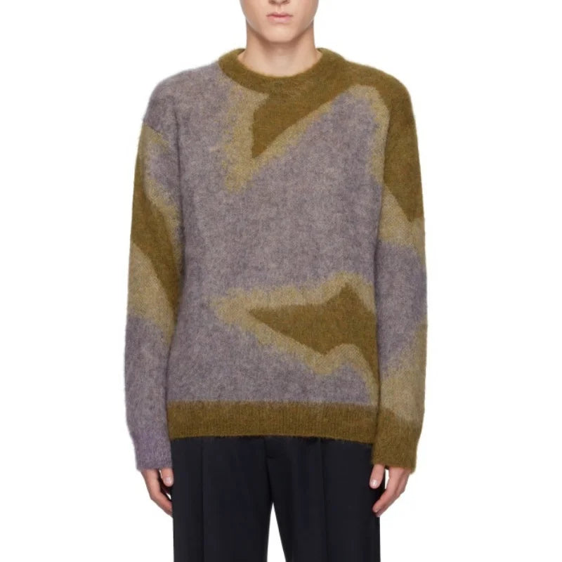 Customizable Men's Winter Sweater Jacquard Dropped Shoulders Mohair-Blend Knitwear Pullover Crewneck Breathable Design-OEM/ODM