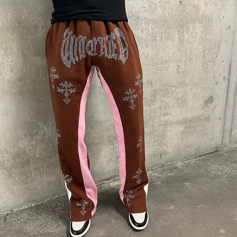 Customized Breathable Rhinestones Fleece Mid Drawstring Closure Heavyweight Flared Pants Street Wear 100% Cotton Casual Pattern