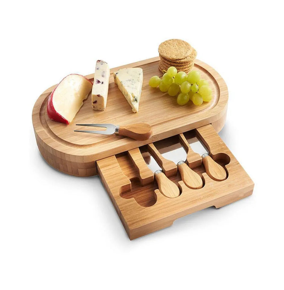 Slide Out Cheese Board Bamboo Wood Cheese Knives Inside Hidden Drawer
