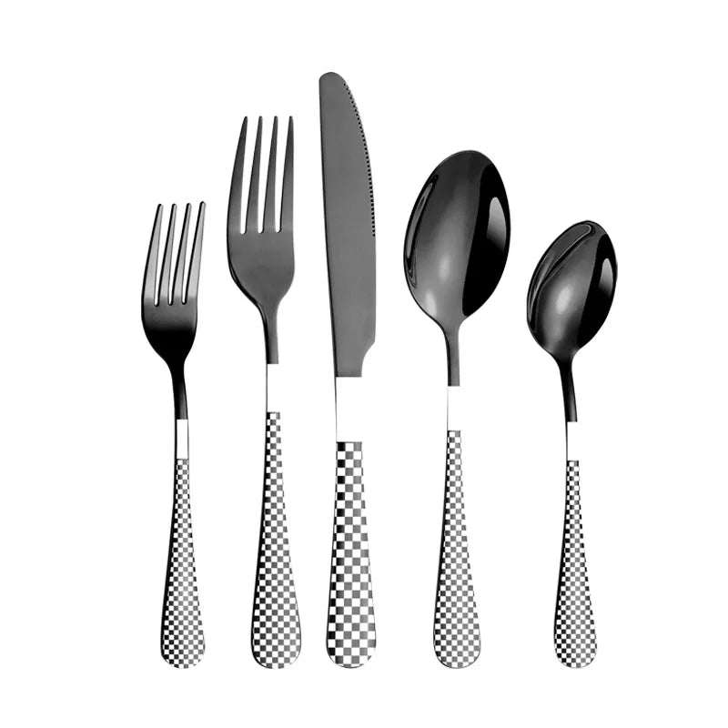 Creative Checkerboard Pattern Black Cutlery Set Laser Etched Handle Stainless Steel Flatware Knife Fork Spoon Set for Party