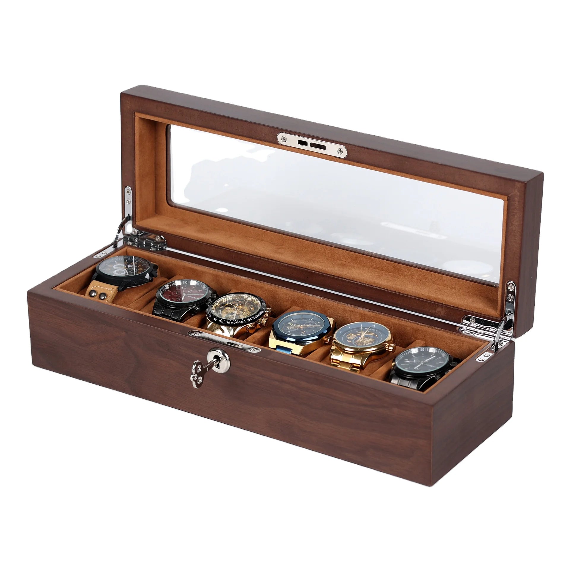 Luxury Style 6 Grids MDF Wood Watch Storage Display Box With Walnut Pattern