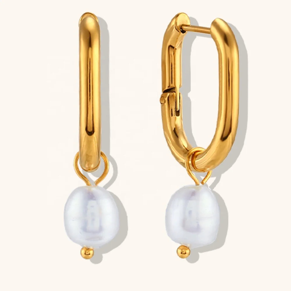 Dingran Fashion U Shape Earring Stainless Steel Hypoallergenic Freshwater Pearl Drop Earrings for Women