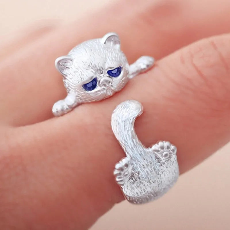 2025 Fashion Adjustable Open Cat Rings With Charms Sapphire Cartoon Animal Ring Girls