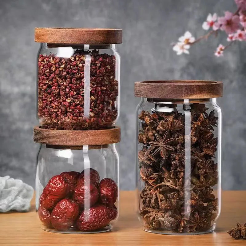 450ml 1000ml Food Grade Wholesale High Borosilicate Glass Storage Jar Organiser Jars Glass with Wood Lid