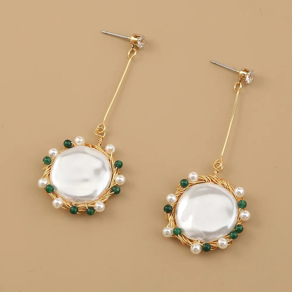 Elegant Retro Baroque Long Simple Pure White Flat Round Braided Pearl Earrings for Women