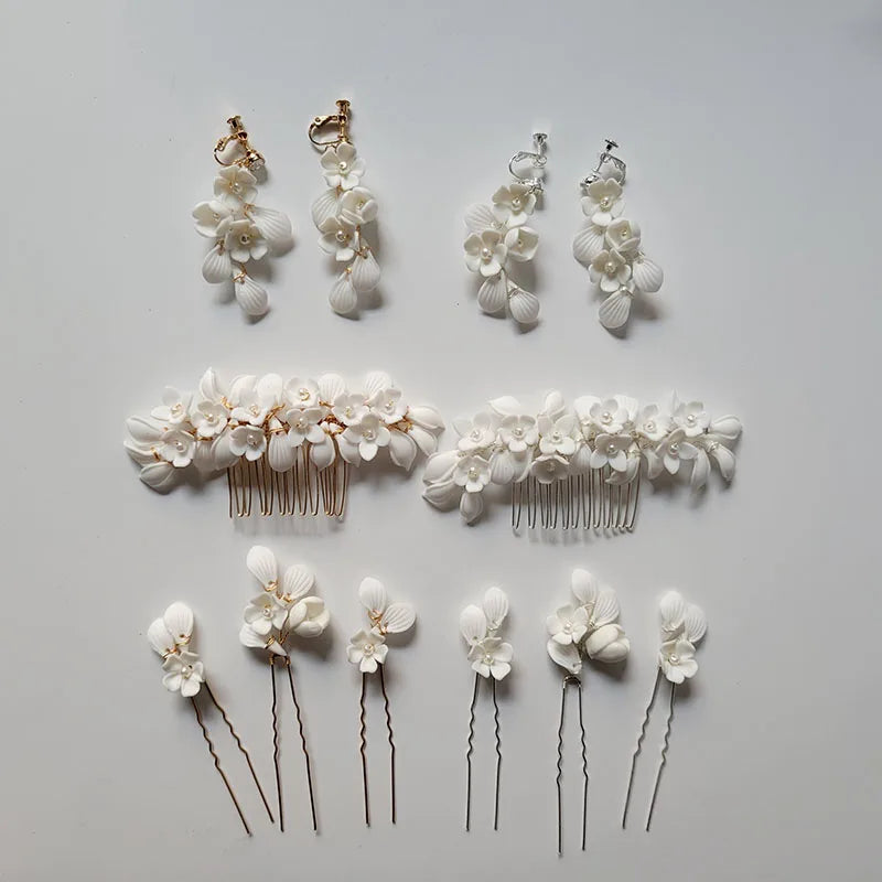 SLBRIDAL Handmade Crystal Rhinestone Pearls Ceramic Flower Bridal Hair Comb Wedding Hair Accessories Bridesmaids Women Jewelry